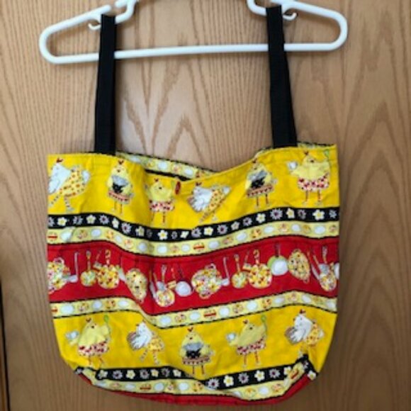 Fun Chickens in the Kitchen Cotton Tote Shopping Bag Yellow Black Red - Picture 1 of 5